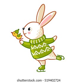 Hare in sweater skates. Christmas cute illustration in a children's style. Rabbit isolated illustration.