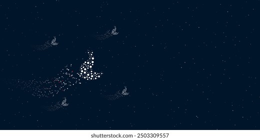 Ein mit Punkten gefülltes Hasensymbol fliegt durch die Sterne und hinterlässt eine Spur. Vier kleine Symbole. Leerer Platz für Text rechts. Vektorgrafik auf dunkelblauem Hintergrund mit Sternen