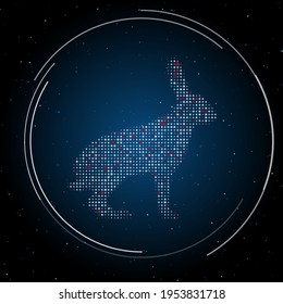 The hare symbol filled with white dots. Pointillism style. Some dots is red. Vector illustration on blue background with stars