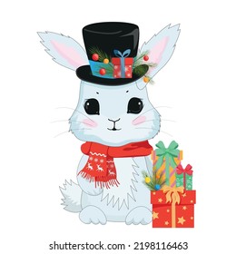 The hare is a symbol of the new year in a black top hat and with boxes of gifts