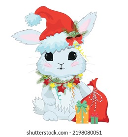 The hare is a symbol of the new year in a Santa hat and with a bag of gifts