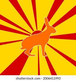 Hare symbol on a background of red flash explosion radial lines. The large orange symbol is located in the center of the sun, symbolizing the sunrise. Vector illustration on yellow background
