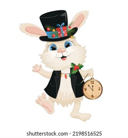 the hare is the symbol of the year in a black top hat and a frock coat holding a watch in its paw