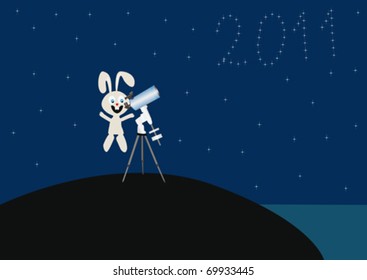 The hare with a telescope looks at stars on seacoast