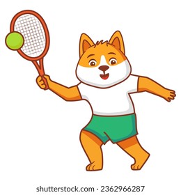 Hare tennis player.Dog with a racket tennis ball playing tennis.Cute animal.Dog is an athlete.Isolated on white background.Line art vector illustration.