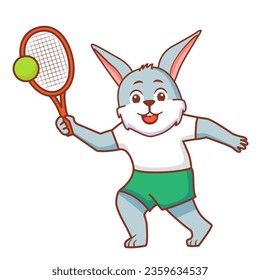 Hare tennis player.Rabbit with a racket tennis ball playing tennis.Cute animal.Bunny is an athlete.Isolated on white background.Line art vector illustration.