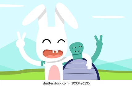 Hare and tortoise take pictures together, vector