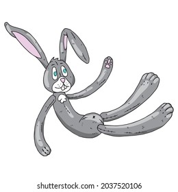 Juguete de liebre. Ilustración vectorial de una liebre de tela de dibujos animados. Conejo de juguete suave dibujado a mano.	