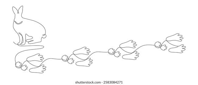 Hare and tracks, drawn with continuous line in minimalism, abstract, hare feet steps, rabbit paw silhouettes stamps, trace of running or walking animal, one line, editable vector contour