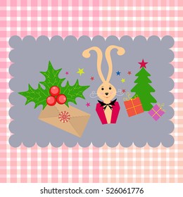 Hare in a tuxedo, envelope and holly with red berries. Postcard with Christmas theme