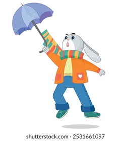 A hare with an umbrella flies away. Autumn, wind.