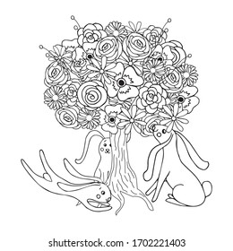 La liebre bajo un árbol floreciente. Dibujos graciosos, dibujos a mano diseño gráfico vectorial ilustración para web, para impresión, para página de color