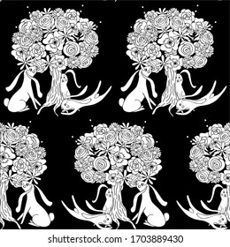 Hare under blooming tree seamless pattern. Cute funny cartoons hand drawn art design stock vector illustration for web, for print, for fabric print