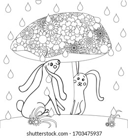 Hare under mushroom. Cute funny cartoons hand drawn art design stock vector illustration for web, for print, for coloring page