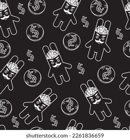 Hare vector drawing, pattern. Rich man, black and white image. Black background.