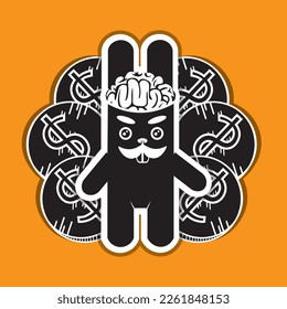 Hare vector drawing. Rich man, black and white image orange background. Logo