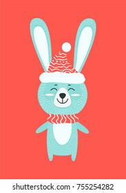 Hare with warm knitted clothes with cute little animal dressed in red hat with bubo and scarf. Vector illustration with wild beast on red background