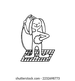 Hare washes under the shower and lathered with a washcloth. Vector illustration of a cute rabbit in the style of doodles.