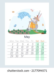 A hare is watering a bed with seedlings from a hose. Rabbit farmer takes care of the garden. May 2023 calendar. Flat vector illustration. Eps10