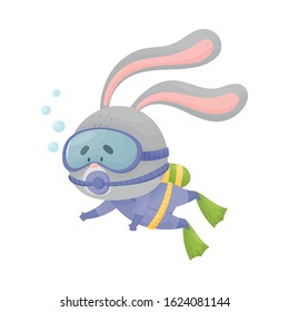 Hare Wearing Diving Suit Snorkeling Underwater Vector Illustration