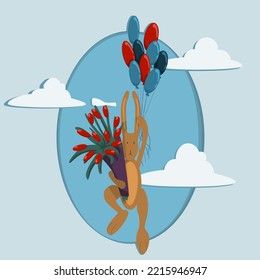 A hare whith flowers and balloons. Vector illustration. Postcard.