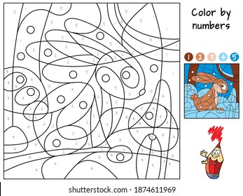 Hare in the winter forest. Coloring book. Educational puzzle game for children. Cartoon vector illustration