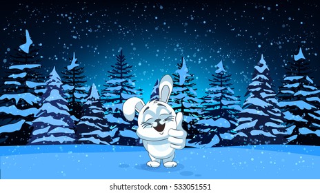Hare in the winter forest. Stock vector illustration of night landscape with silhouettes of snow-covered fir trees among snowfall in snowdrifts for background, banner, website, printed materials,