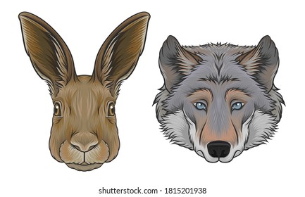 Hare and Wolf Muzzle with Fur Vector Set