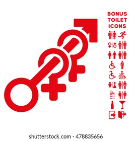 Harem icon and bonus man and lady lavatory symbols. Vector illustration style is flat iconic symbols, red color, white background.