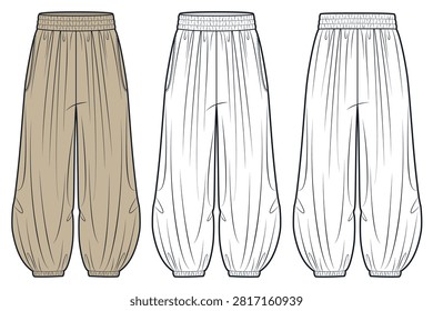 Harem Pants Fashion Flat Technical Drawing Template, front and back view, stone and outline, elastic waistband, side pockets, balloon leg, elastic cuffs, relaxed fit. Pants CAD mockup.