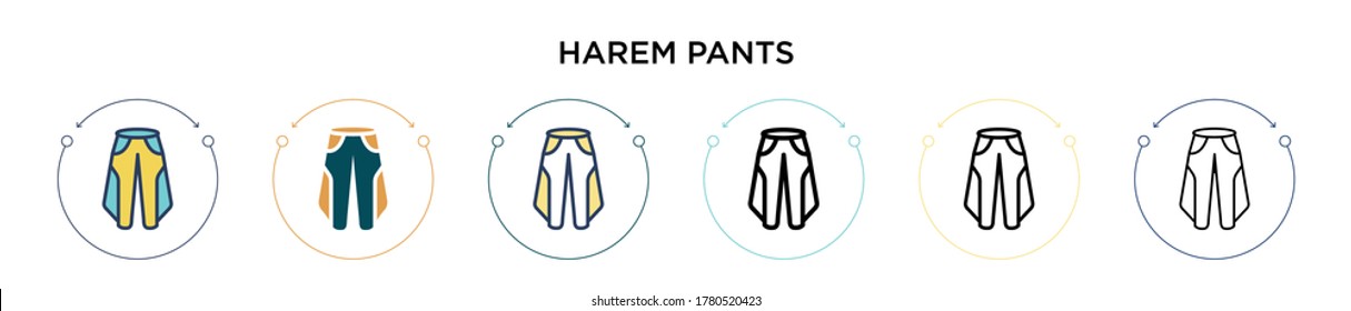 Harem pants icon in filled, thin line, outline and stroke style. Vector illustration of two colored and black harem pants vector icons designs can be used for mobile, ui, web