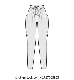 Harem pants technical fashion illustration with bow, normal waist, high rise, slash pockets, draping front, full lengths. Flat bottom apparel template, grey color style. Women, men, unisex CAD mockup