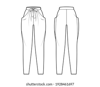 Harem pants technical fashion illustration with bow, normal waist, high rise, slash pockets, draping front, full lengths. Flat bottom apparel template back, white color. Women, men, unisex CAD mockup