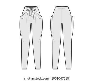 Harem pants technical fashion illustration with bow, normal waist, high rise, slash pockets, draping front, full lengths. Flat bottom apparel template back, grey color style. Women, unisex CAD mockup
