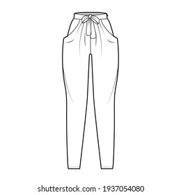 Harem pants technical fashion illustration with bow, normal waist, high rise, slash pockets, draping front, full lengths. Flat bottom apparel template, white color style. Women, men, unisex CAD mockup