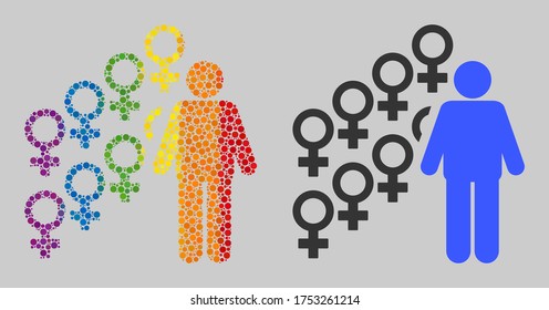 Símbolo harem icono de collage de círculos llenos de diferentes tamaños y matices de color de arcoiris. Un símbolo Harem de colores LGBT para lesbianas, gays, bisexuales y transgéneros.