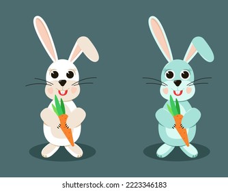 Hares are blue and white. Set. Rabbits with orange carrots. Flat style. For the decoration of the new year and Easter.