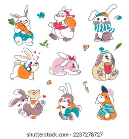 Hares and bunnies with cute muzzles and facial expressions. Isolated personages, wearing scarves and warm clothes, holding love letter envelopes, and listening to music. Vector in flat style