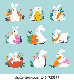 Hares and bunnies with cute muzzles and facial expressions. Isolated easter holidays personages with flowers and plants, wearing scarves and clothes, holding eggs and carrots. Vector in flat style