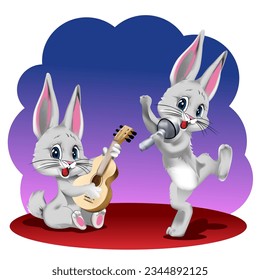 Hares in cartoon style. Cheerful rabbits. A beautiful drawing of hares for children. The hare sings. The hare plays the guitar. Vector illustration.