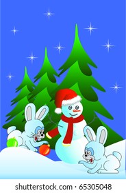 Hares congratulate on Christmas, behind there is a snowman against fur-trees. A vector.