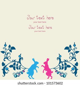 Hares couple in love postcard with floral ornate background. Can be used for valentine card, wedding invitation, greeting card.