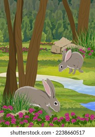 Hares in the forest. Dense forest with trees, bushes and clover. Stream in the forest. Realistic vector landscape