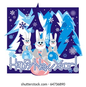 Hares in the forest holding a bag with gifts and Happy New Year. Vector illustration.