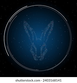 The hare's head symbol filled with white dots. Pointillism style. Some dots is red. Vector illustration on blue background with stars