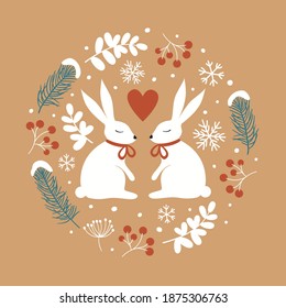 Hares, heart, fir branches, snowflakes. Winter illustration. Postcard for Valentine's Day.