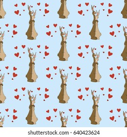 Hares in love seamless pattern on the blue background. Vector illustration