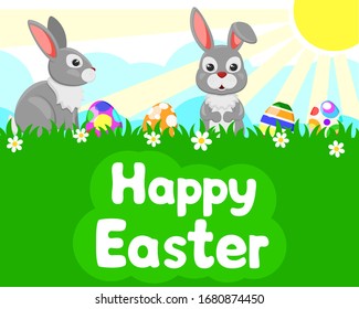 Hares on a background of grass with Easter eggs. Easter background, place for text.