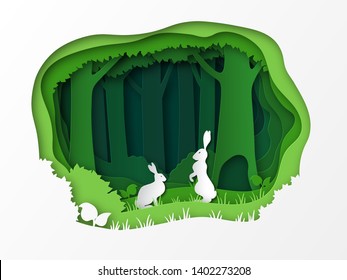 Hares on a clearing in the forest. Summer vector illustration. Paper cut design. Natural landscape. Animals in the wild