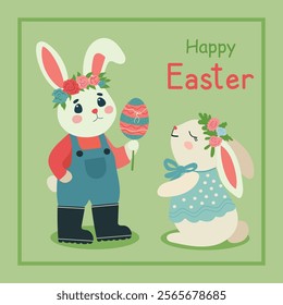 Hares on the day of bright Easter, egg, cute hare and bunny, postcard, banner, congratulations, vector.